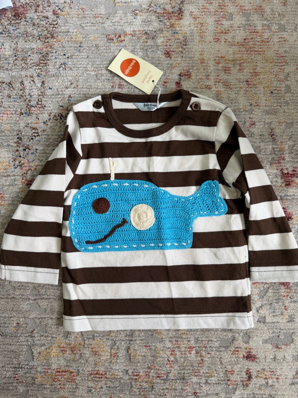 NWT Baby Boden Striped Top with Blue Whale Appliqué, 3-6M